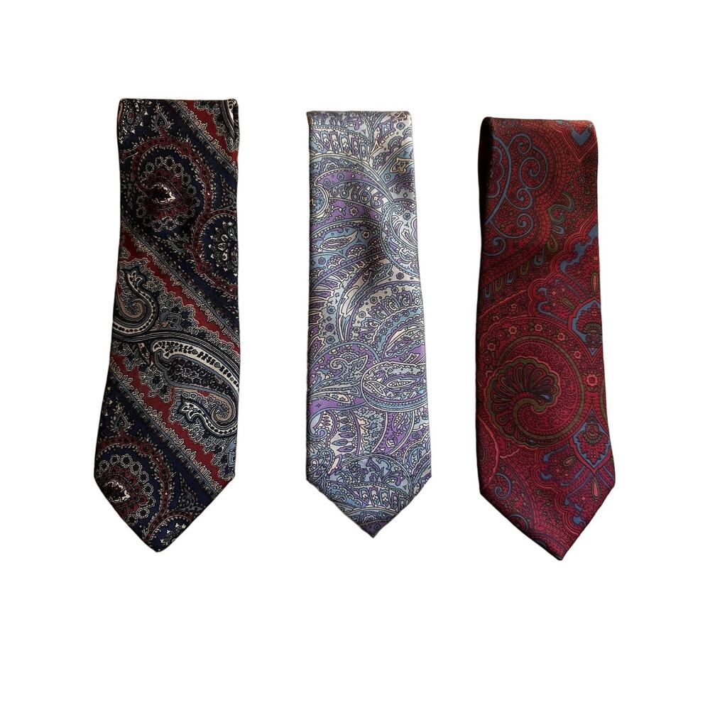 Vintage All Silk Brand Set of Three 90s Paisley Neckties in Red, Blue and Lilac